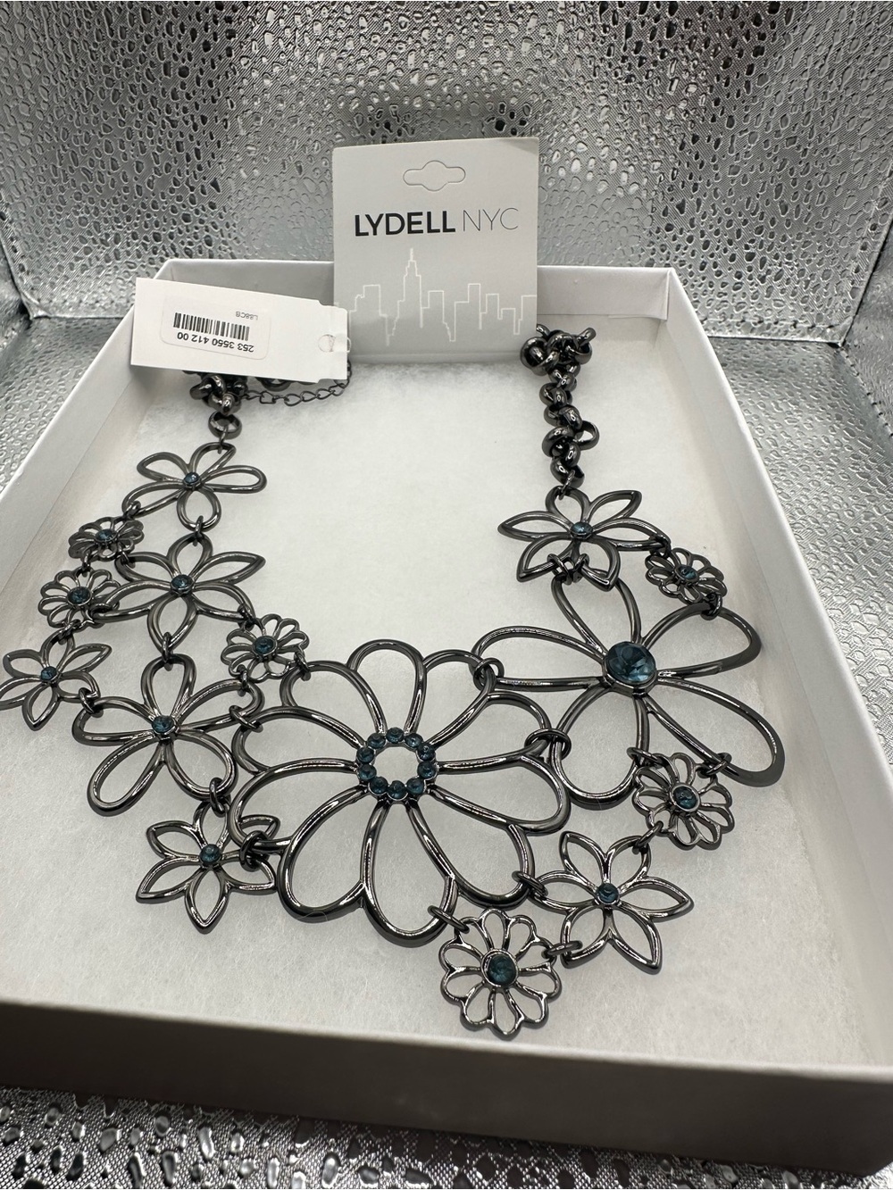 Lydell NYC Gunmetal Blue Rhinestone Openwork Floral Bib Statement Necklace NWT